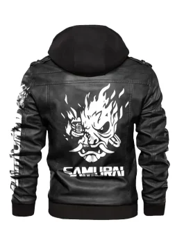 Back view of the black cyberpunk 2077 jacket with a large white flaming Samurai logo. This cyberpunk leather jacket is a of the iconic Johnny Silverhand jacket.