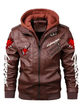Rear view of a Samurai Brown Jacket cyberpunk 2077 jackie jacket replica. The back features a large white flaming Samurai logo, designed as a mens leather jacket punk Brown.
