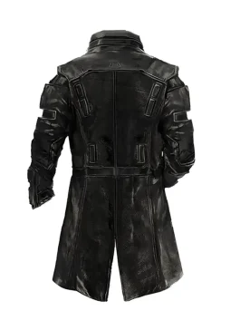 Rear view of a black leather samurai coat with distinct shoulder and back plating, featuring a trench-coat length. A unique cyberpunk 2077 coat design.