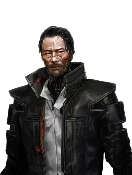 Close-up of a character wearing a tactical, high-collared black cyberpunk coat with white shirt and cybernetics. Search for other cyberpunk coats.