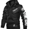 Front view of a black Black Samurai Jacket with a hood, featuring a white 'SAMURAI' logo and dragon art on the chest and sleeve. Inspired by Johnny Silverhand jacket style.
