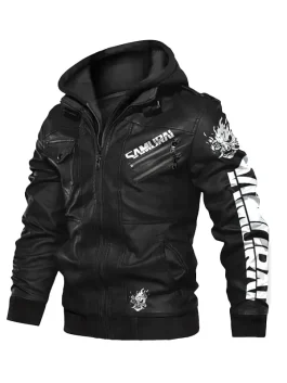 Front view of a black Black Samurai Jacket with a hood, featuring a white 'SAMURAI' logo and dragon art on the chest and sleeve. Inspired by Johnny Silverhand jacket style.