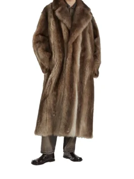 Back view of the full-length raccoon pattern faux fur coat mens in a long, dark brown and tan style.