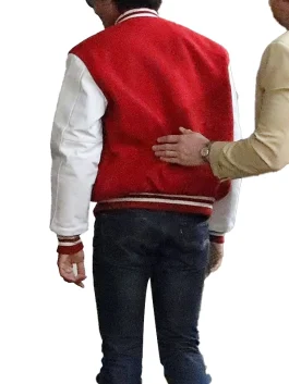 Rear view of the Jaafar Jackson Michael jacket. A classic red and white bomber-style Jaafar Jackson red varsity jacket.