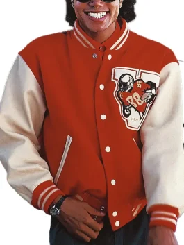 Frontal view of Jaafar Jackson wearing the red varsity jacket with a graphic patch. Jaafar Michael Jackson varsity jacket replica.