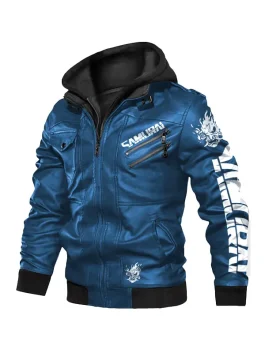 Front view of a blue hooded leather jacket cyberpunk. Includes a 'SAMURAI' chest logo, dragon shoulder art, and sleeve graphics. One of the best Samurai Jacket.