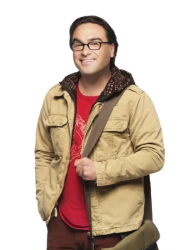 Leonard Hofstadter smiling and pointing while wearing his Johnny Galecki Brown Jacket with a hood.
