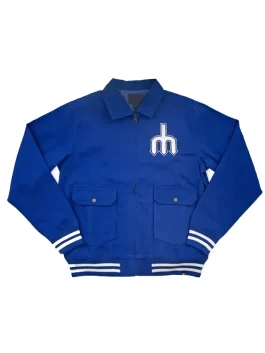 Front view of the Mariners Homestead royal jacket. Royal blue workwear style with a white Mariners "M" logo.