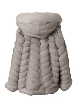 Back view of men's white fur coat with hood featuring a chevron pattern; a warm mens white hooded fluffy fur coat.