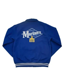 Back view of the seattle mariners homestead royal jacket. Features the large Seattle Mariners diamond logo.