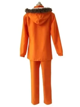 Closeup of South Park Kenny cosplay jacket collar with buckle and faux fur hood trim