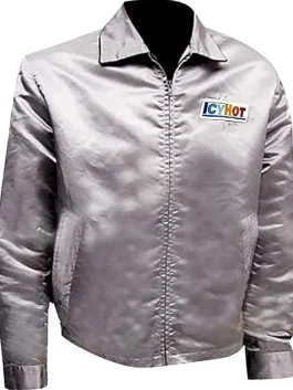 Front view of the silver stuntman mike death proof jacket with the "ICYHOT" breast patch.