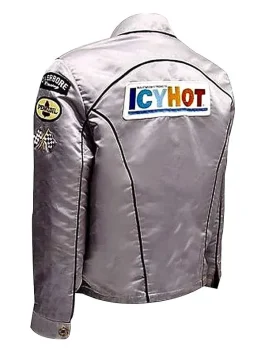 Back view of the shiny silver stuntman mike jacket, showing the 