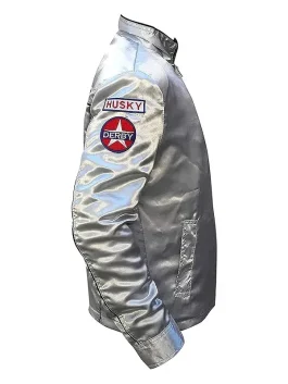 Side view of the stuntman mike skull logo jacket showing the Derby and Husky racing patches.