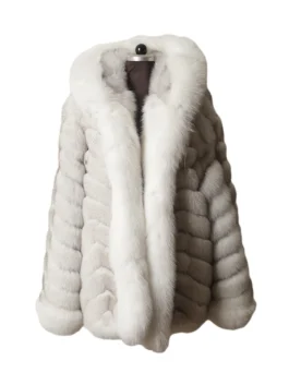 Luxurious white hooded fur winter coat mens with plush trim, an ideal men's white hooded fur coat for winter.