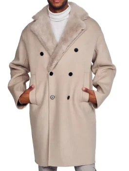 Classic men's wool trench coat​ in a neutral tan, with a luxurious collar detail and a double-breasted design.