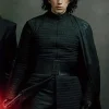Adam Driver as Kylo Ren wearing a dark black textured jacket with a high collar.