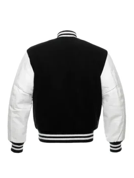 Black and White Varsity Jacket back view highlighting the clean, sporty silhouette.
