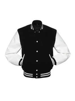 Black and White Varsity Jacket front view featuring a classic letterman design.