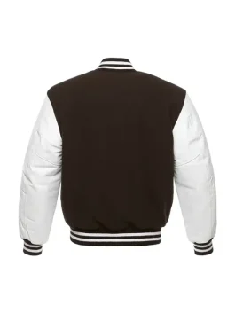 Brown and White Varsity Jacket front view featuring a traditional snap-button closure.