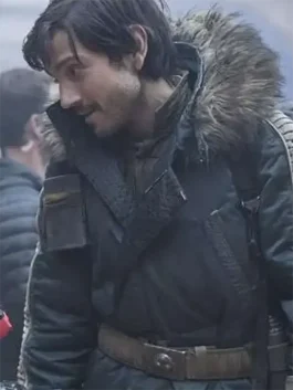A men’s deep brown winter coat with a quilted interior and a fur-trimmed hood, inspired by Cassian Andor.