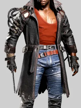 Placide Coat featuring a rugged brown leather-style finish and oversized collar.