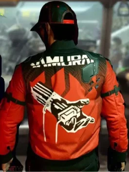 Cyberpunk 2077 jacket back view showing the detailed Samurai logo and ribbed stitching.