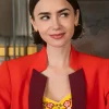 Emily Cooper Emily in Paris Season 5 Lily Collins red two tone blazer with a tailored fit.