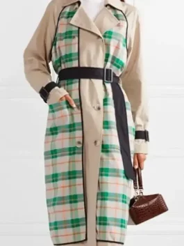A front view of the Lily Collins Plaid Trench Coat with a double-breasted closure and wide lapels.