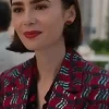 Lily Collins wearing a colorful Printed Blazer with a unique botanical and geometric motif in Emily in Paris S05.