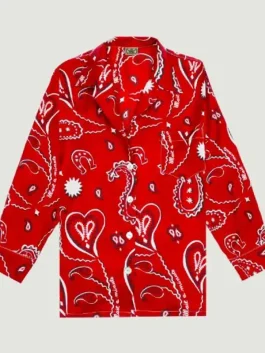 A front view of Lily Collins in a vibrant Red Paisley Shirt featuring a classic button-down design.