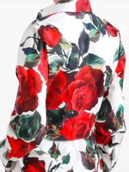 The back view of the rose print shirt worn by Lily Collins as Emily Cooper in Emily in Paris Season 5.
