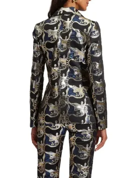 The back view of the Minnie Driver black and blue jacquard blazer from Emily in Paris S05 showcasing the tailored fit.