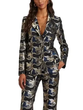 A front view of the Minnie Driver black and blue jacquard blazer featuring sharp peaked lapels and a single button.