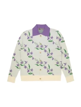 A front view of the Samuel Arnold purple floral cardigan featuring a classic button closure and ribbed cuffs.