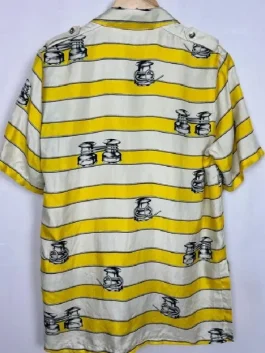 A back view of the Yellow Striped Shirt showing the vertical citrus pattern and tailored back yoke.