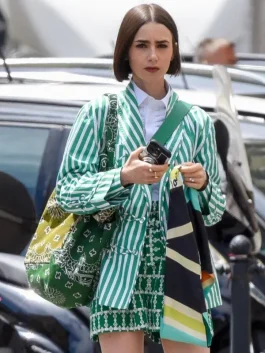 Emily Cooper Emily in Paris S05 green striped jacket with a sleek tailored silhouette.