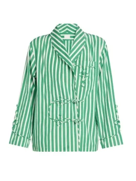 Emily in Paris S05 Lily Collins green striped blazer jacket with structured shoulders.