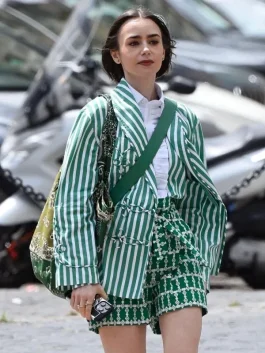Emily in Paris S05 Lily Collins green striped jacket with a tailored fit.