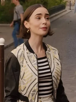 A front-facing shot of the stylish Emily Cooper Jacket featuring unique textures and a tailored fit.