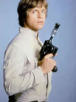 A men’s tan cotton-canvas jacket with multiple utility pockets and a stand-up collar, inspired by Luke Skywalker.