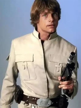A men’s tan cotton utility jacket with multiple cargo pockets and a stand collar, inspired by Luke Skywalker.