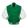 Kelly Green and White Varsity Jacket front view with a traditional snap-button closure.