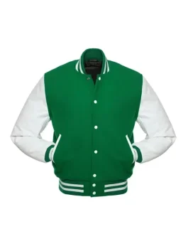 Kelly Green and White Varsity Jacket front view with a traditional snap-button closure.