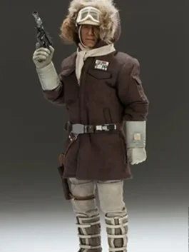 A men’s navy blue heavy winter parka with a fur-trimmed hood and utility pockets, inspired by Han Solo.