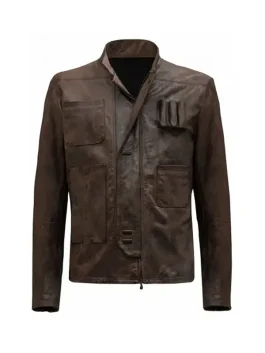 A men’s dark brown leather-style jacket with a stand collar and open front, inspired by Han Solo.