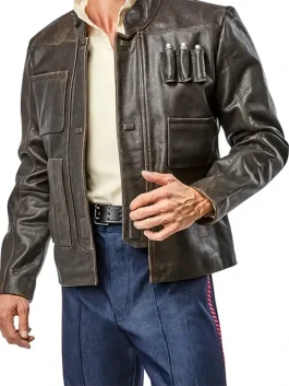 A men’s dark espresso brown leather-style jacket with a stand-up collar, inspired by Han Solo in Episode VII.