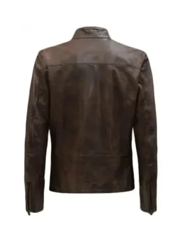 A men’s dark brown leather-style jacket with a structured stand collar and open-front, inspired by Han Solo.