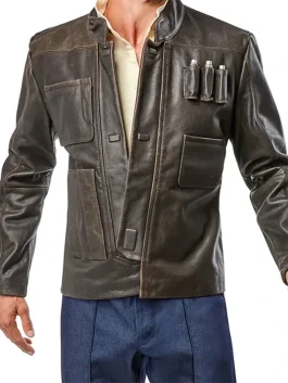 A men’s dark espresso brown leather-style jacket with chest cylinder pockets, inspired by Han Solo.