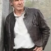 A men’s dark brown leather-style jacket with a stand-up collar and chest pockets, inspired by Han Solo.